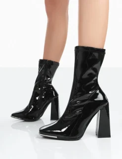 Discount Liberty Black Patent Sock Block Heeled Ankle Boots Sock Boots | Ankle Boots