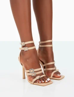 Online Lindsey Nude Pu Strappy Square Toe Stiletto Heels Strappy Heels | Square Toe Heels