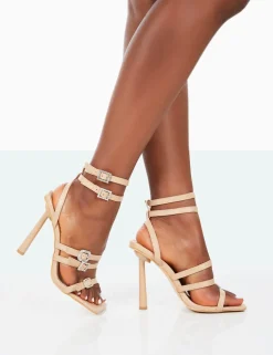 Online Lindsey Nude Pu Strappy Square Toe Stiletto Heels Strappy Heels | Square Toe Heels