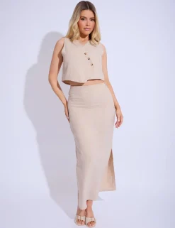 Sale Linen Look Asymmetric Button Down Waistcoat Co-ord Co-ords | Tops