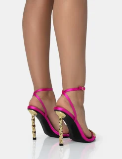 Best Sale Link Up Hot Satin Barely There Pointed Toe Stiletto Chain Heels Barely There Heels | Pink Heels