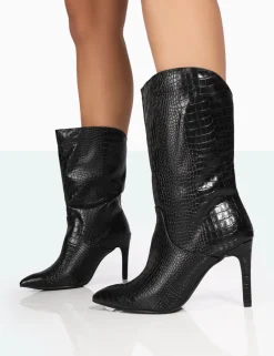 Best Sale Lisel Wide Fit Croc Pu Pointed Toe Stiletto Heeled Ankle Boots High Heels | Wide Fit Boots