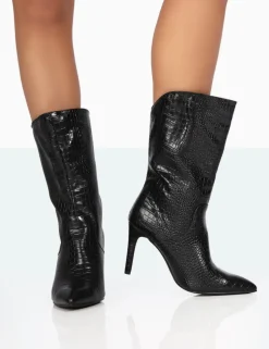 Best Sale Lisel Wide Fit Croc Pu Pointed Toe Stiletto Heeled Ankle Boots High Heels | Wide Fit Boots