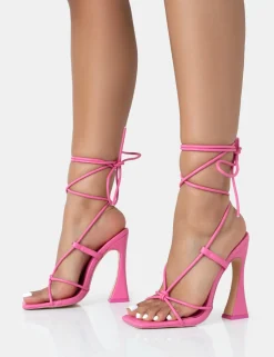 Hot Lizzy Pu Lace Up Square Toe Curved High Block Heels Pink Heels | Square Toe Heels