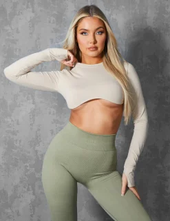 Best LONG SLEEVE UNDERBUST CROP TOP STONE Back In Stock | Sculpt & Leisure