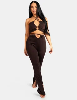 Hot Loop Ruched High Waist Split Trousers Chocolate Sculpt & Leisure | Kaiia The Label