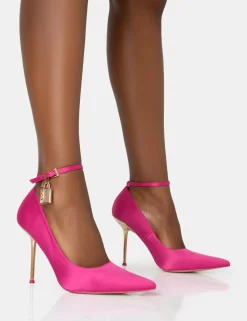 Discount Lotty Hot Satin Padlock Ankle Detail Pointed Court Stiletto Heels Court Heels | Pink Heels