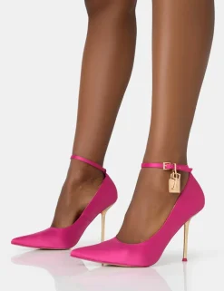 Discount Lotty Hot Satin Padlock Ankle Detail Pointed Court Stiletto Heels Court Heels | Pink Heels