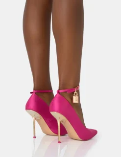 Discount Lotty Hot Satin Padlock Ankle Detail Pointed Court Stiletto Heels Court Heels | Pink Heels