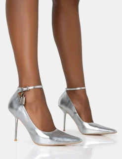 Outlet Lotty Metallic Padlock Ankle Detail Court Stiletto Heels Court Heels | Silver Heels