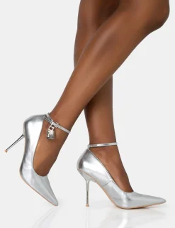 Outlet Lotty Metallic Padlock Ankle Detail Court Stiletto Heels Court Heels | Silver Heels