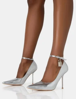 Outlet Lotty Metallic Padlock Ankle Detail Court Stiletto Heels Court Heels | Silver Heels