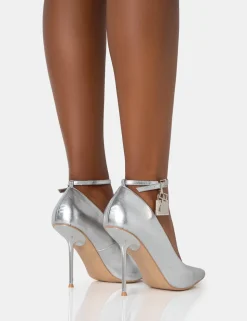 Outlet Lotty Metallic Padlock Ankle Detail Court Stiletto Heels Court Heels | Silver Heels