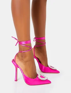 Clearance Lover Hot Satin Love Heart Diamante Broach Slingback Lace Up Pointed Court Stiletto Heels Court Heels | Diamante Heels