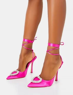 Clearance Lover Hot Satin Love Heart Diamante Broach Slingback Lace Up Pointed Court Stiletto Heels Court Heels | Diamante Heels