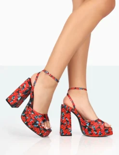 Fashion Lyle Floral Satin Square Toe Block Platform High Heels Block Heels | Platform Heels