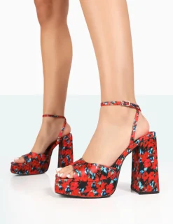 Fashion Lyle Floral Satin Square Toe Block Platform High Heels Block Heels | Platform Heels