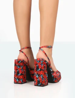 Fashion Lyle Floral Satin Square Toe Block Platform High Heels Block Heels | Platform Heels