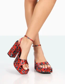 Fashion Lyle Floral Satin Square Toe Block Platform High Heels Block Heels | Platform Heels