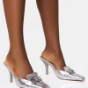 Cheap Macchiato Cracked Western Buckle Detail Mid Heel Mules Silver Heels | Mules