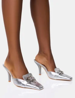Cheap Macchiato Cracked Western Buckle Detail Mid Heel Mules Silver Heels | Mules