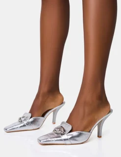 Cheap Macchiato Cracked Western Buckle Detail Mid Heel Mules Silver Heels | Mules