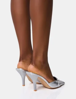 Cheap Macchiato Cracked Western Buckle Detail Mid Heel Mules Silver Heels | Mules