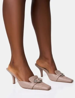 Flash Sale Macchiato Taupe Western Buckle Detail Mid Heel Mules Mules | Mid Heels