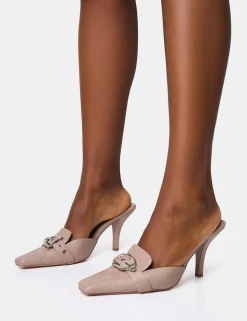 Flash Sale Macchiato Taupe Western Buckle Detail Mid Heel Mules Mules | Mid Heels