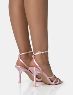 Cheap Mademoiselle Baby Satin Strappy Square Toe Mid Stiletto Heels Strappy Heels | Pink Heels