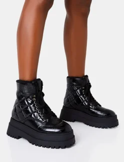 Online Magda Black Patent Quilted Chunky Sole Rounded Toe Ankle Boots Chunky Boots | Ankle Boots