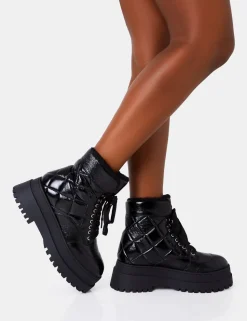 Online Magda Black Patent Quilted Chunky Sole Rounded Toe Ankle Boots Chunky Boots | Ankle Boots