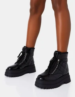 Online Magda Black Patent Quilted Chunky Sole Rounded Toe Ankle Boots Chunky Boots | Ankle Boots
