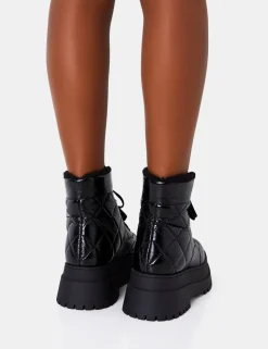 Online Magda Black Patent Quilted Chunky Sole Rounded Toe Ankle Boots Chunky Boots | Ankle Boots
