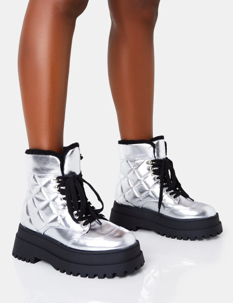 Best Magda Patent Quilted Chunky Sole Rounded Toe Ankle Boots Chunky Boots | Ankle Boots