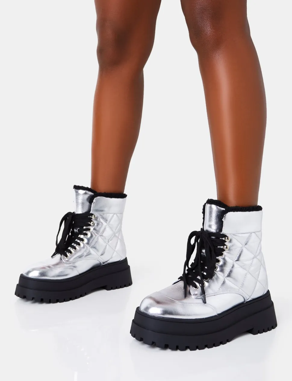 Best Magda Patent Quilted Chunky Sole Rounded Toe Ankle Boots Chunky Boots | Ankle Boots