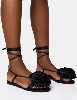 Clearance Magnolia Flower Corsage Lace Up Flat Sandals Flats