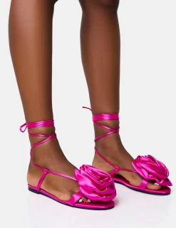 Best Magnolia Pink Flower Corsage Lace Up Flat Sandals Flats