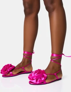 Best Magnolia Pink Flower Corsage Lace Up Flat Sandals Flats