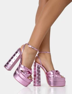 Discount Magnum Metallic PU Knot Strap Platform Diamante Block Heels Diamante Heels | Pink Heels