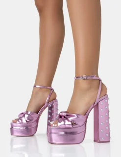 Discount Magnum Metallic PU Knot Strap Platform Diamante Block Heels Diamante Heels | Pink Heels