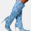 Online Main Character Embellished Denim Patchwork Pointed Toe Stiletto Boots High Heels | Heeled Boots