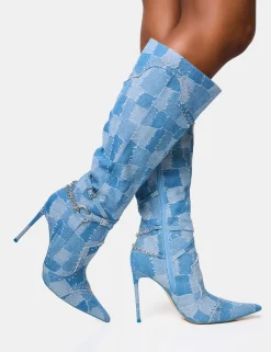 Online Main Character Embellished Denim Patchwork Pointed Toe Stiletto Boots High Heels | Heeled Boots