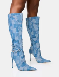 Online Main Character Embellished Denim Patchwork Pointed Toe Stiletto Boots High Heels | Heeled Boots