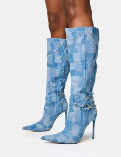 Online Main Character Embellished Denim Patchwork Pointed Toe Stiletto Boots High Heels | Heeled Boots