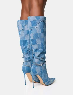 Online Main Character Embellished Denim Patchwork Pointed Toe Stiletto Boots High Heels | Heeled Boots