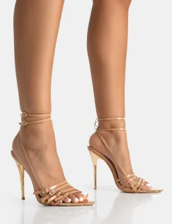 Sale Majesty Nude Patent Buckles Wrap Around Pointed Toe Gold Stiletto Heel High Heels