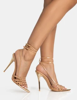 Sale Majesty Nude Patent Buckles Wrap Around Pointed Toe Gold Stiletto Heel High Heels