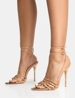 Sale Majesty Nude Patent Buckles Wrap Around Pointed Toe Gold Stiletto Heel High Heels