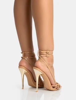 Sale Majesty Nude Patent Buckles Wrap Around Pointed Toe Gold Stiletto Heel High Heels